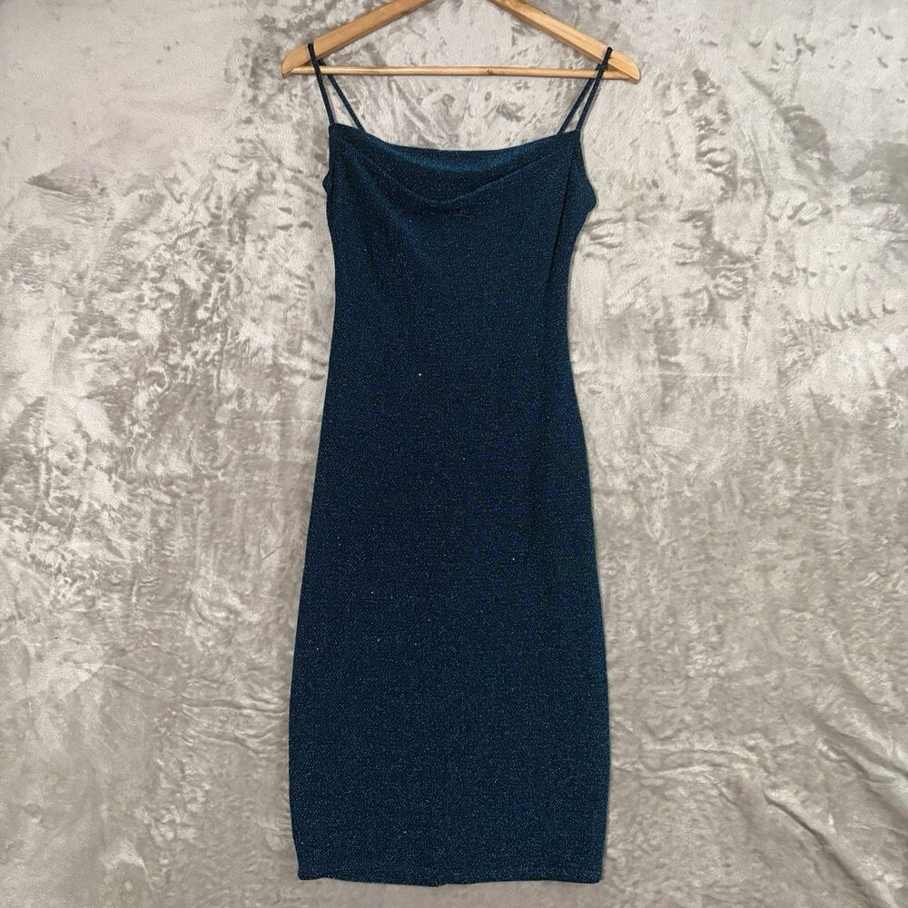 Bebe Teal Blue Glitter Cowl Neck Bodycon Dress XS Y2K Evening Night Out Glam